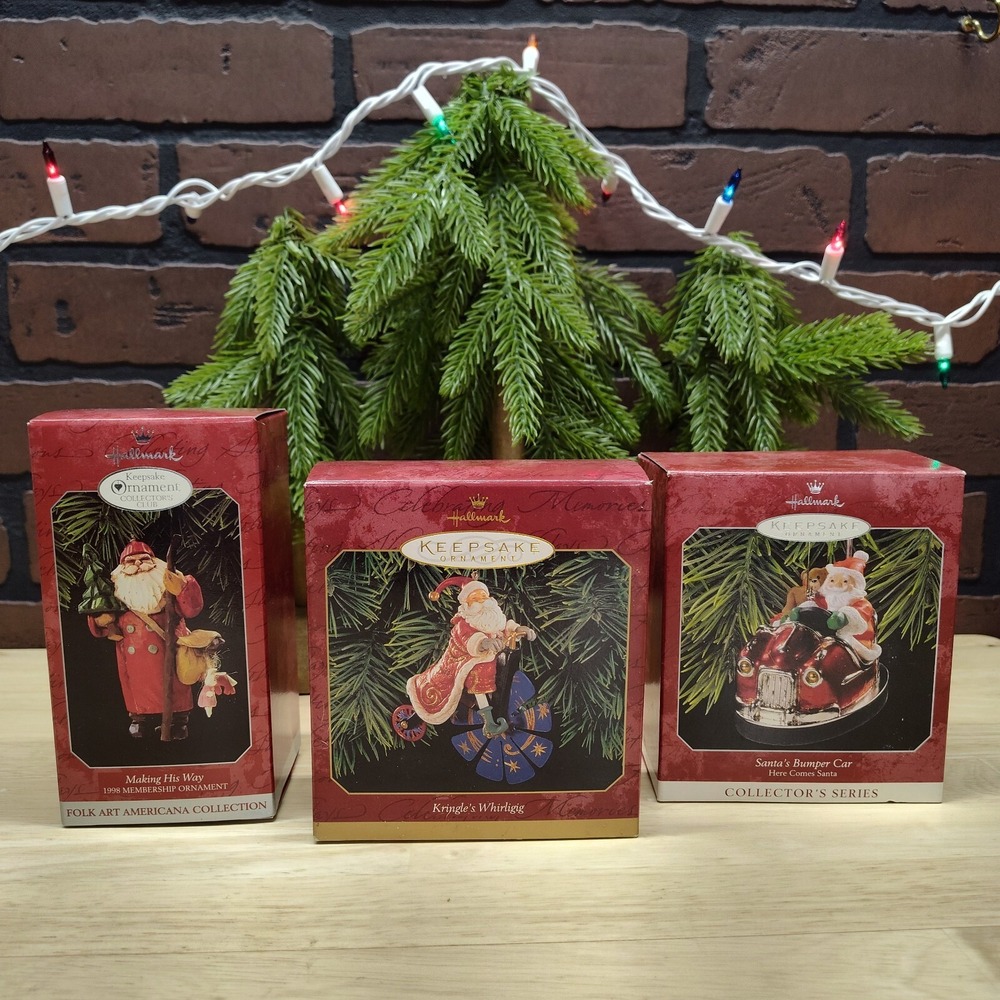Hallmark keepsake ornaments ,Making His Way Santa, Kringles Whirligig, Bumper Ca